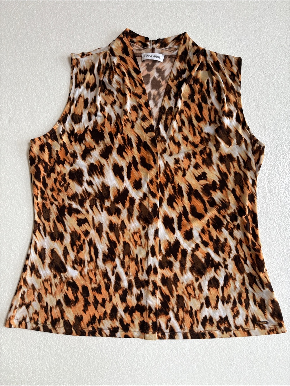 Ladies Calvin Klein Sleeveless V-Neck Leopard Print Stretch Blouse Size L